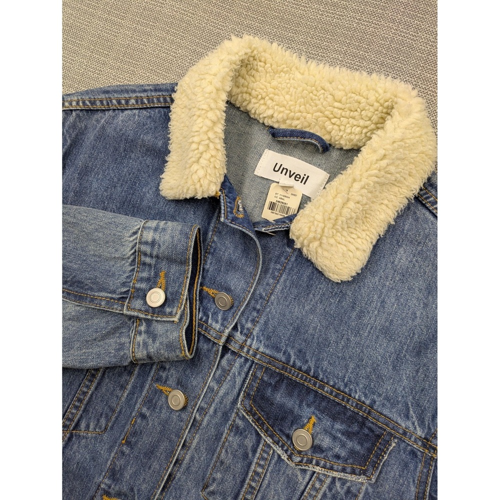 Unveil Jacket Womens Medium Blue Denim Jean Sherpa Collar Trucker Western